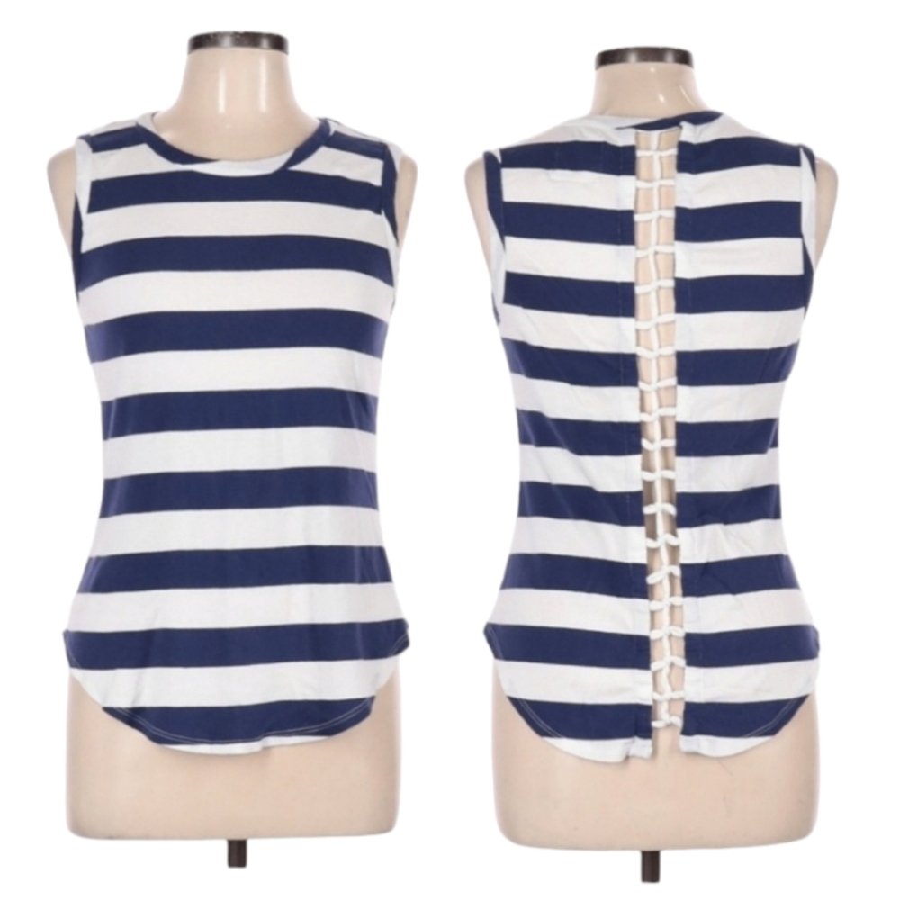 Chaser Sleeveless Top Size L Navy White Striped Lace Up Open Back Nautical Shirt